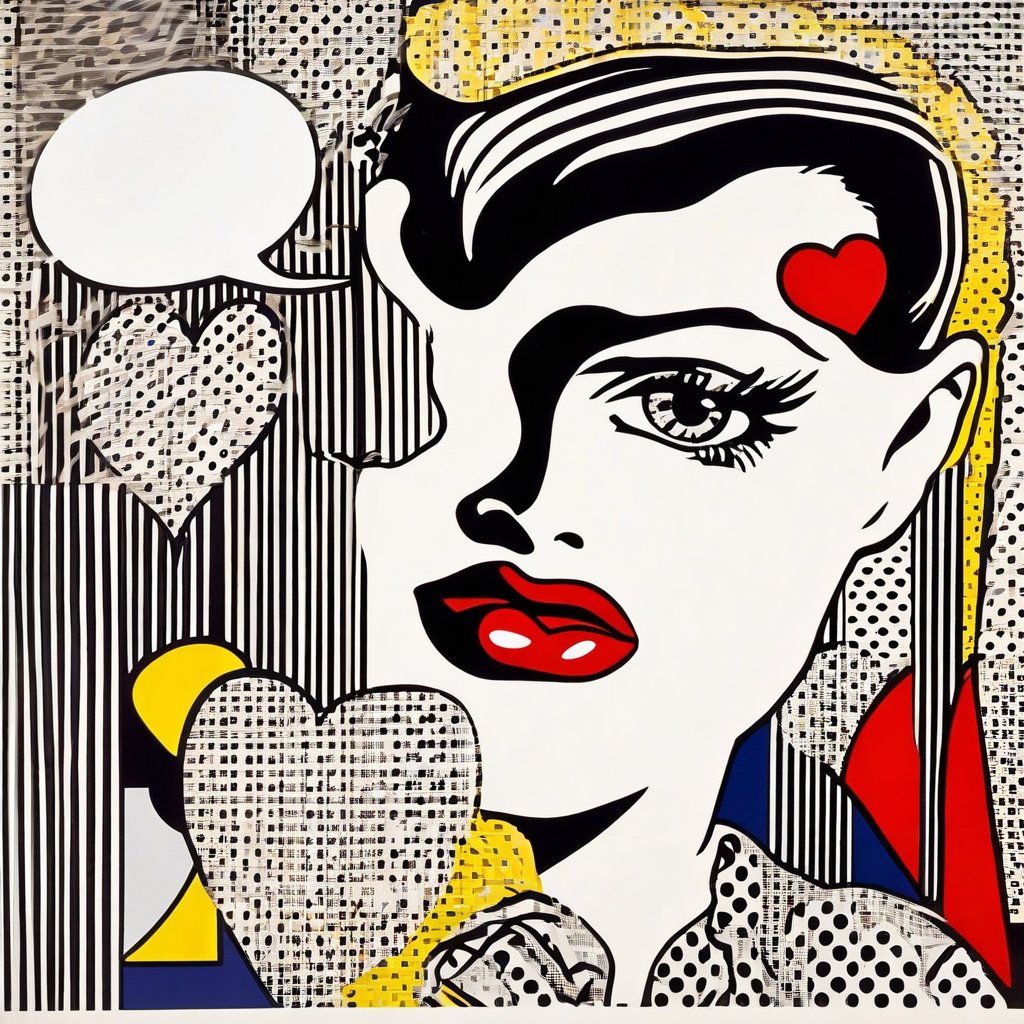 Roy Lichtenstein style panel woman bluring into newspaper, hearts with empty speech bubble